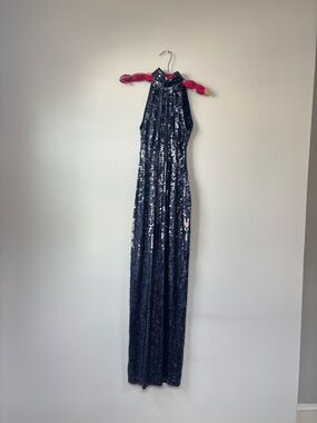 Vintage Navy Blue Sequin Halter Dress
